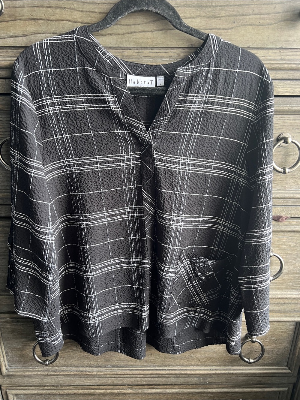 Habitat Black & White Checked Split-Neck Blouse Lagenlook